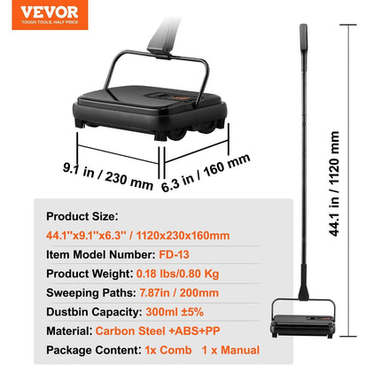 Carpet Sweeper, 200 mm Sweeping Paths, Floor Sweeper Manual Non Electric, 300 ml Dustbin Capacity with Comb for Home Office Rugs Hardwood Surfaces Wood Floors Laminate, Cleans Dust Pet Hair.