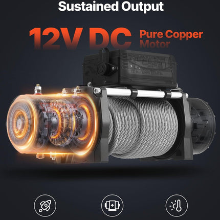 Electric Winch, 5400 kg Load Capacity, 12V DC Truck Winch with Φ9.1 mm x 24 m Steel Rope, Wireless & Wired Remote Control, IP55 Waterproof for Towing SUV Jeep Trailer Boat Off-Road Vehicle.
