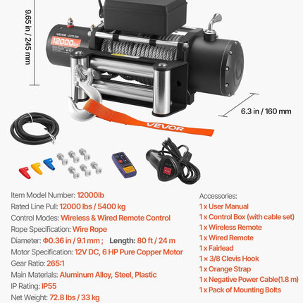 Electric Winch, 5400 kg Load Capacity, 12V DC Truck Winch with Φ9.1 mm x 24 m Steel Rope, Wireless & Wired Remote Control, IP55 Waterproof for Towing SUV Jeep Trailer Boat Off-Road Vehicle.