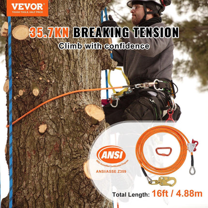 12.7mm Steel Core Flipline, 16ft(4.8m)Arborist Flipline for Tree Climbing with Alloy Steel Snap Hook & Aluminum Alloy Carabiner, 30KN Breaking Tension for Fall Protection, Tree Climber.