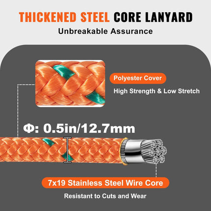 12.7mm Steel Core Flipline, 16ft(4.8m)Arborist Flipline for Tree Climbing with Alloy Steel Snap Hook & Aluminum Alloy Carabiner, 30KN Breaking Tension for Fall Protection, Tree Climber.
