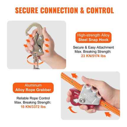 12.7mm Steel Core Flipline, 16ft(4.8m)Arborist Flipline for Tree Climbing with Alloy Steel Snap Hook & Aluminum Alloy Carabiner, 30KN Breaking Tension for Fall Protection, Tree Climber.