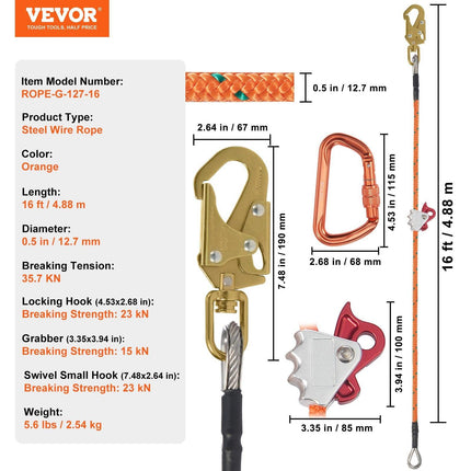 12.7mm Steel Core Flipline, 16ft(4.8m)Arborist Flipline for Tree Climbing with Alloy Steel Snap Hook & Aluminum Alloy Carabiner, 30KN Breaking Tension for Fall Protection, Tree Climber.