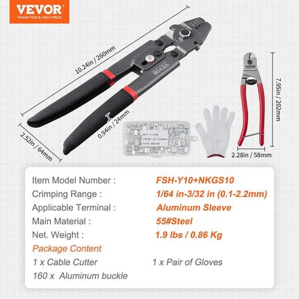 Crimping Tool, Up To 2.2mm Wire Rope Crimping Tool, Crimping Loop Sleeve Kit with a Cable Cutter and 160pcs Aluminum Buckles, Teflon Coating Anti-Rust Fishing Crimping Tool.