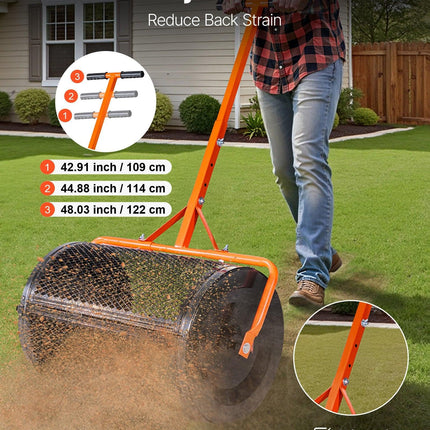 Compost Spreader, 24 in Wide Peat Moss Spreader with T Shaped Handle, 3 Heights Adjustable, Powder-Coated Steel Garden Peat Moss Roller, Heavy Duty Grass Seed Spreaders for Planting Seeding.