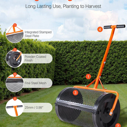 Compost Spreader, 24 in Wide Peat Moss Spreader with T Shaped Handle, 3 Heights Adjustable, Powder-Coated Steel Garden Peat Moss Roller, Heavy Duty Grass Seed Spreaders for Planting Seeding.