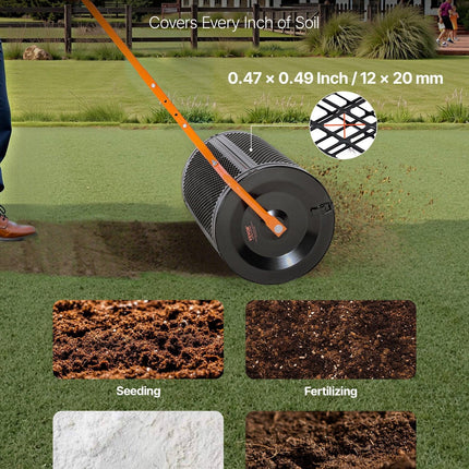 Compost Spreader, 24 in Wide Peat Moss Spreader with T Shaped Handle, 3 Heights Adjustable, Powder-Coated Steel Garden Peat Moss Roller, Heavy Duty Grass Seed Spreaders for Planting Seeding.