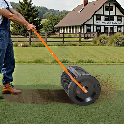 Compost Spreader, 24 in Wide Peat Moss Spreader with T Shaped Handle, 3 Heights Adjustable, Powder-Coated Steel Garden Peat Moss Roller, Heavy Duty Grass Seed Spreaders for Planting Seeding.