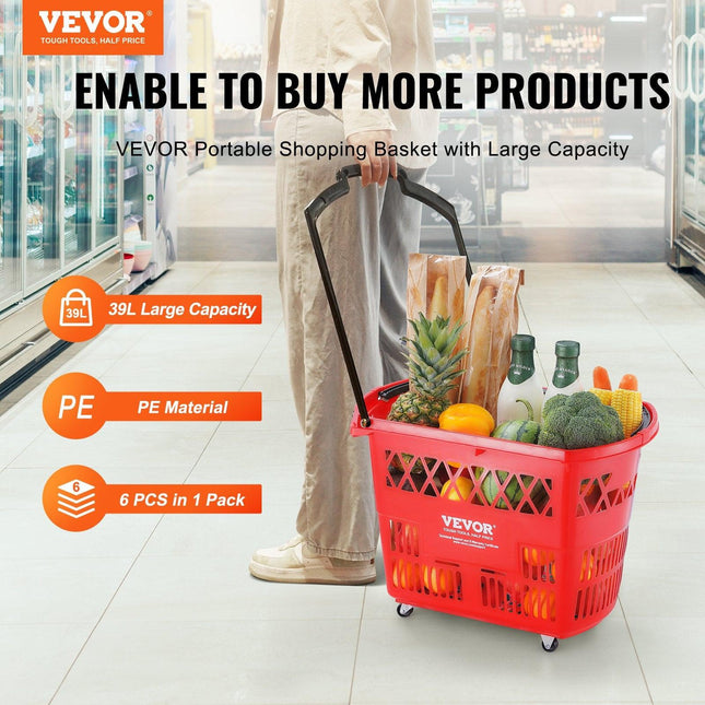 Shopping Baskets, 6PCS, 39L Shopping Carts with Handles, Plastic Rolling Shopping Basket with Wheels, Large Portable Shopping Basket Set for Supermarkets, Retail Stores, Grocery Shopping, Red.