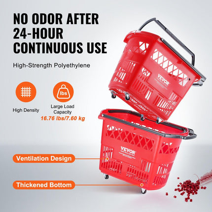 Shopping Baskets, 6PCS, 39L Shopping Carts with Handles, Plastic Rolling Shopping Basket with Wheels, Large Portable Shopping Basket Set for Supermarkets, Retail Stores, Grocery Shopping, Red.