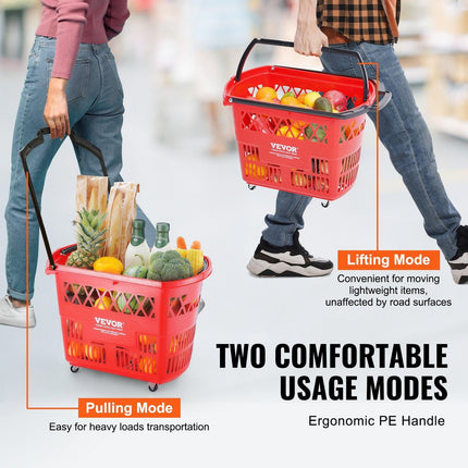 Shopping Baskets, 6PCS, 39L Shopping Carts with Handles, Plastic Rolling Shopping Basket with Wheels, Large Portable Shopping Basket Set for Supermarkets, Retail Stores, Grocery Shopping, Red.