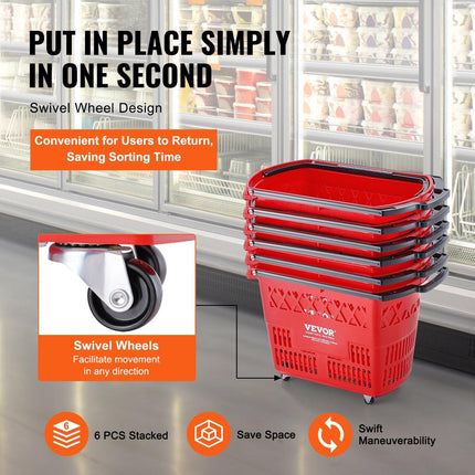 Shopping Baskets, 6PCS, 39L Shopping Carts with Handles, Plastic Rolling Shopping Basket with Wheels, Large Portable Shopping Basket Set for Supermarkets, Retail Stores, Grocery Shopping, Red.