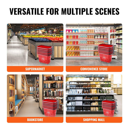 Shopping Baskets, 6PCS, 39L Shopping Carts with Handles, Plastic Rolling Shopping Basket with Wheels, Large Portable Shopping Basket Set for Supermarkets, Retail Stores, Grocery Shopping, Red.