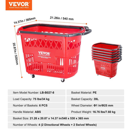Shopping Baskets, 6PCS, 39L Shopping Carts with Handles, Plastic Rolling Shopping Basket with Wheels, Large Portable Shopping Basket Set for Supermarkets, Retail Stores, Grocery Shopping, Red.