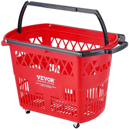 Shopping Baskets, 6PCS, 39L Shopping Carts with Handles, Plastic Rolling Shopping Basket with Wheels, Large Portable Shopping Basket Set for Supermarkets, Retail Stores, Grocery Shopping, Red.