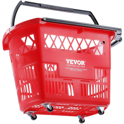 Shopping Baskets, 6PCS, 39L Shopping Carts with Handles, Plastic Rolling Shopping Basket with Wheels, Large Portable Shopping Basket Set for Supermarkets, Retail Stores, Grocery Shopping, Red.