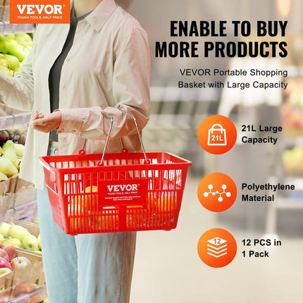Shopping Basket, Set of 12, 21L Durable Plastic Grocery Basket with Metal Handle and Stand, 425 x 305 x 218 mm Portable Shop Basket Bulk Used for Retail Store Supermarket Grocery Shopping, Red.