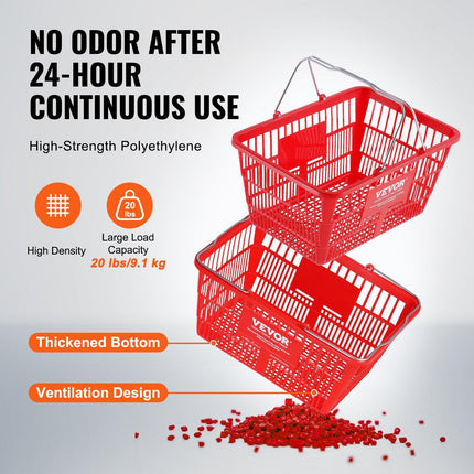 Shopping Basket, Set of 12, 21L Durable Plastic Grocery Basket with Metal Handle and Stand, 425 x 305 x 218 mm Portable Shop Basket Bulk Used for Retail Store Supermarket Grocery Shopping, Red.