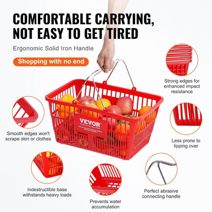 Shopping Basket, Set of 12, 21L Durable Plastic Grocery Basket with Metal Handle and Stand, 425 x 305 x 218 mm Portable Shop Basket Bulk Used for Retail Store Supermarket Grocery Shopping, Red.