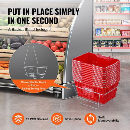 Shopping Basket, Set of 12, 21L Durable Plastic Grocery Basket with Metal Handle and Stand, 425 x 305 x 218 mm Portable Shop Basket Bulk Used for Retail Store Supermarket Grocery Shopping, Red.