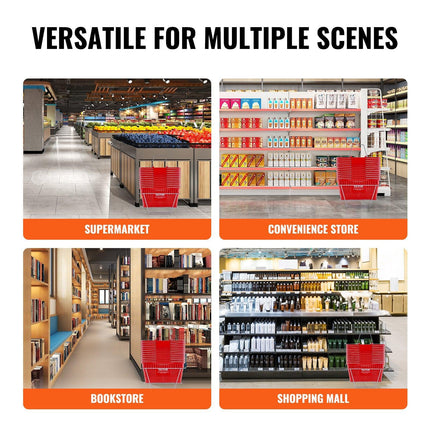 Shopping Basket, Set of 12, 21L Durable Plastic Grocery Basket with Metal Handle and Stand, 425 x 305 x 218 mm Portable Shop Basket Bulk Used for Retail Store Supermarket Grocery Shopping, Red.