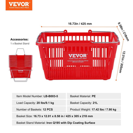 Shopping Basket, Set of 12, 21L Durable Plastic Grocery Basket with Metal Handle and Stand, 425 x 305 x 218 mm Portable Shop Basket Bulk Used for Retail Store Supermarket Grocery Shopping, Red.