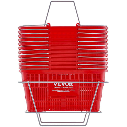 Shopping Basket, Set of 12, 21L Durable Plastic Grocery Basket with Metal Handle and Stand, 425 x 305 x 218 mm Portable Shop Basket Bulk Used for Retail Store Supermarket Grocery Shopping, Red.
