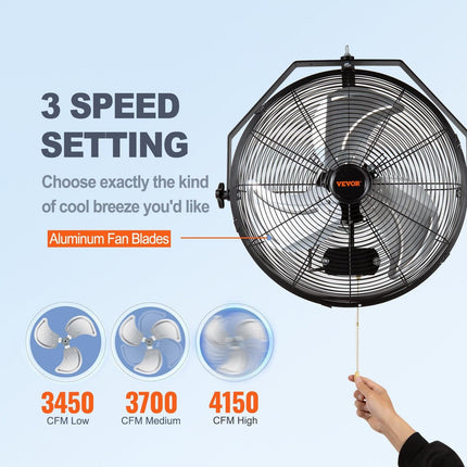 VEVOR Industrial Wall Mount Fan Waterproof Metal Fan 17.6'' 3 Speed Airflow.