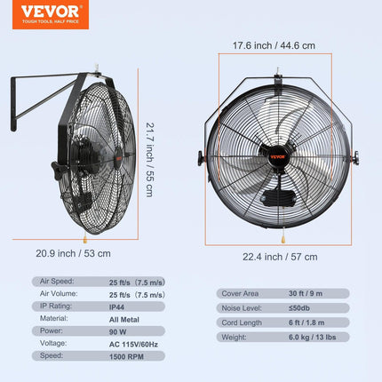 VEVOR Industrial Wall Mount Fan Waterproof Metal Fan 17.6'' 3 Speed Airflow.