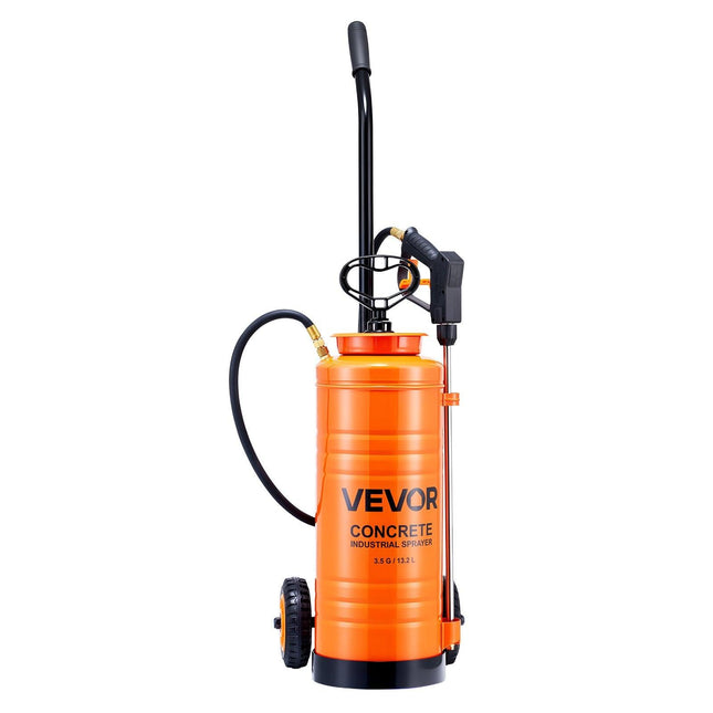 Industrial Concrete Sprayer with Wheeled Cart, 14L Stainless Steel Sprayer, Heavy Duty Tri-Poxy Pump Sprayers, 52cm Wand, 1.2m & 3m Hoses, 2 Brass Nozzles for Construction, Lawn & Garden.