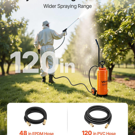 Industrial Concrete Sprayer with Wheeled Cart, 14L Stainless Steel Sprayer, Heavy Duty Tri-Poxy Pump Sprayers, 52cm Wand, 1.2m & 3m Hoses, 2 Brass Nozzles for Construction, Lawn & Garden.
