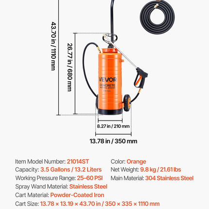 Industrial Concrete Sprayer with Wheeled Cart, 14L Stainless Steel Sprayer, Heavy Duty Tri-Poxy Pump Sprayers, 52cm Wand, 1.2m & 3m Hoses, 2 Brass Nozzles for Construction, Lawn & Garden.