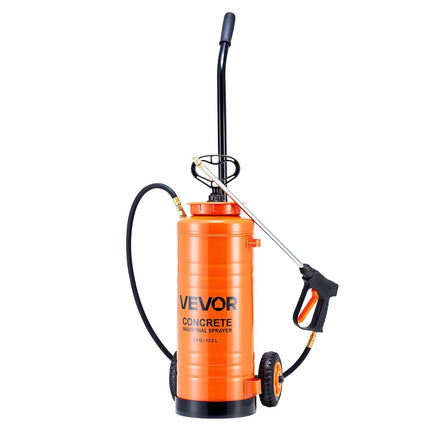 Industrial Concrete Sprayer with Wheeled Cart, 14L Stainless Steel Sprayer, Heavy Duty Tri-Poxy Pump Sprayers, 52cm Wand, 1.2m & 3m Hoses, 2 Brass Nozzles for Construction, Lawn & Garden.