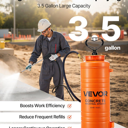 Industrial Concrete Sprayer, 14L Stainless Steel Sprayer, Heavy Duty Tri-Poxy Pump Sprayers, 52cm Wand with Ergonomic Gun Handle, 1.2m & 3m Hoses, 2 Brass Nozzles for Construction, Garden.