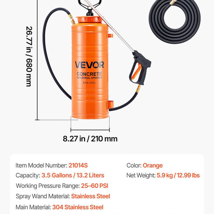 Industrial Concrete Sprayer, 14L Stainless Steel Sprayer, Heavy Duty Tri-Poxy Pump Sprayers, 52cm Wand with Ergonomic Gun Handle, 1.2m & 3m Hoses, 2 Brass Nozzles for Construction, Garden.