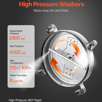 24" Pressure Washer Surface Cleaner, Stainless Steel Pressure Washer Attachments with 4 Wheels, 4000 Max PSI, 3/8 Quick Connector, 2 Spray Nozzles, Dual Handle, for Concrete, Patio, Sidewalk.