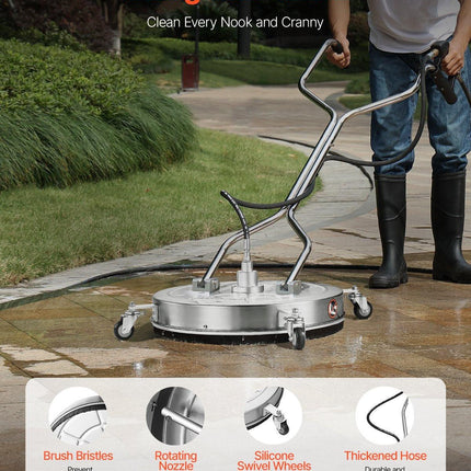 24" Pressure Washer Surface Cleaner, Stainless Steel Pressure Washer Attachments with 4 Wheels, 4000 Max PSI, 3/8 Quick Connector, 2 Spray Nozzles, Dual Handle, for Concrete, Patio, Sidewalk.