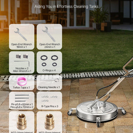 24" Pressure Washer Surface Cleaner, Stainless Steel Pressure Washer Attachments with 4 Wheels, 4000 Max PSI, 3/8 Quick Connector, 2 Spray Nozzles, Dual Handle, for Concrete, Patio, Sidewalk.