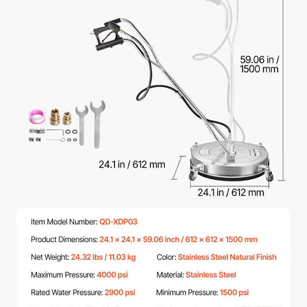 24" Pressure Washer Surface Cleaner, Stainless Steel Pressure Washer Attachments with 4 Wheels, 4000 Max PSI, 3/8 Quick Connector, 2 Spray Nozzles, Dual Handle, for Concrete, Patio, Sidewalk.