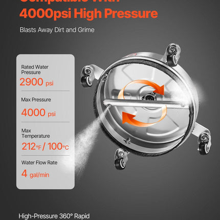 14" Pressure Washer Surface Cleaner, Stainless Steel Pressure Washer Attachments with 4 Wheels, 4000 Max PSI, 1/4 Quick Connector, 2 Spray Nozzles, 2 Extended Wands for Concrete, Patio, Deck.