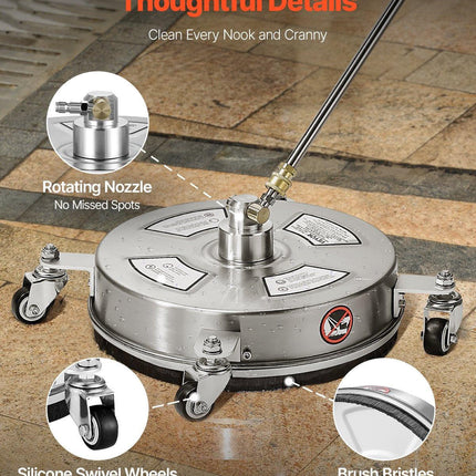 14" Pressure Washer Surface Cleaner, Stainless Steel Pressure Washer Attachments with 4 Wheels, 4000 Max PSI, 1/4 Quick Connector, 2 Spray Nozzles, 2 Extended Wands for Concrete, Patio, Deck.