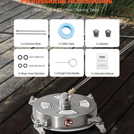 14" Pressure Washer Surface Cleaner, Stainless Steel Pressure Washer Attachments with 4 Wheels, 4000 Max PSI, 1/4 Quick Connector, 2 Spray Nozzles, 2 Extended Wands for Concrete, Patio, Deck.