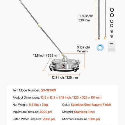 14" Pressure Washer Surface Cleaner, Stainless Steel Pressure Washer Attachments with 4 Wheels, 4000 Max PSI, 1/4 Quick Connector, 2 Spray Nozzles, 2 Extended Wands for Concrete, Patio, Deck.
