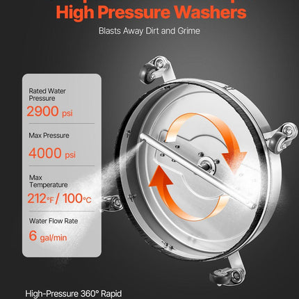 20" Pressure Washer Surface Cleaner, Stainless Steel Pressure Washer Attachments with 4 Wheels, 4500 Max PSI, 3/8 Quick Connector, 2 Spray Nozzles, Dual Handle, for Concrete, Patio, Sidewalk.