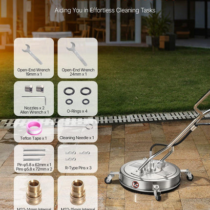 20" Pressure Washer Surface Cleaner, Stainless Steel Pressure Washer Attachments with 4 Wheels, 4500 Max PSI, 3/8 Quick Connector, 2 Spray Nozzles, Dual Handle, for Concrete, Patio, Sidewalk.