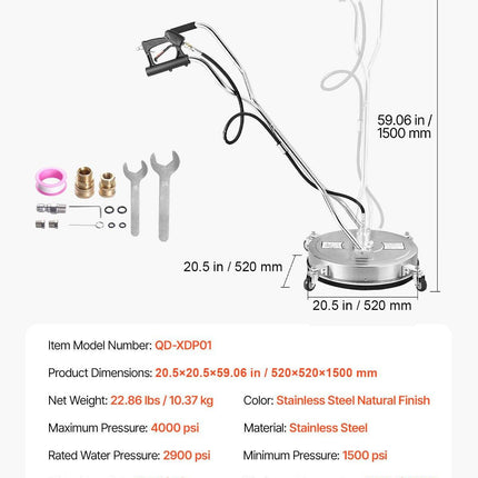 20" Pressure Washer Surface Cleaner, Stainless Steel Pressure Washer Attachments with 4 Wheels, 4500 Max PSI, 3/8 Quick Connector, 2 Spray Nozzles, Dual Handle, for Concrete, Patio, Sidewalk.