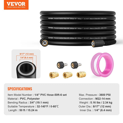 50 FT 3600 PSI High Pressure Power Washer Hose 1/4" Quick Connection.