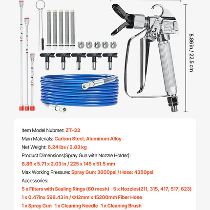 Airless Paint Spray Gun and Hose Kit 3600PSI with Extension Rods Filters.