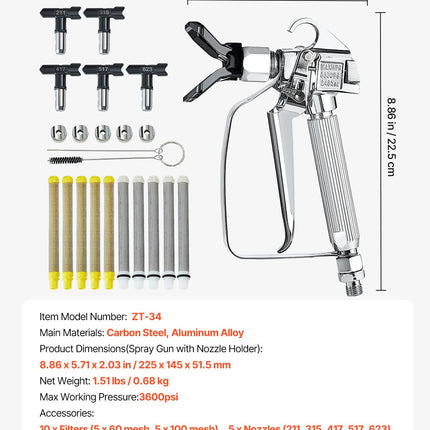 Airless Paint Spray Gun 3600PSI High Pressure Airless Spray Gun with 5Tips.