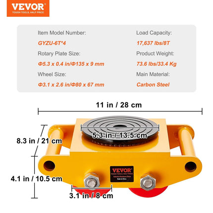 4PCS Machinery Skate Dolly, 17637LBS/8T Industrial Machinery Mover, Heavy Duty Carbon Steel Machinery Moving Skate with 4 PU Wheels and 360° Rotation Non-Slip Cap for Warehouse Workshop Factory.